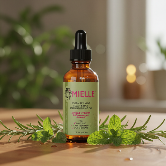 Mint & Rosemary Hair Growth Oil on warm wooden surface with fresh herbs